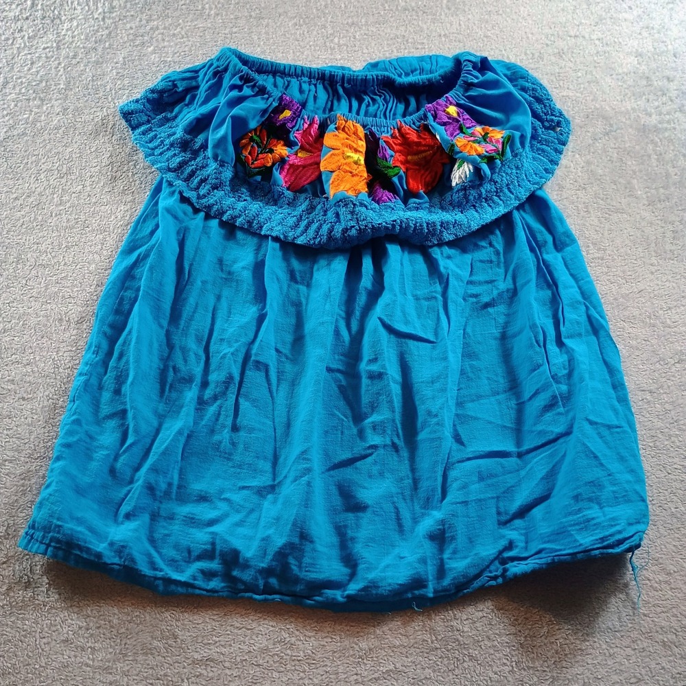 Women Peasant Top Blue Medium Floral Embroidered Off‎ Shoulder Boho Frida Kahlo